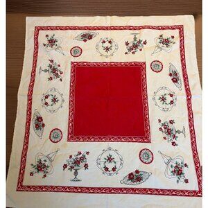 Vintage Floral Print Tablecloth 44X48" Red Baskets Flowers 1950s Retro MCM READ